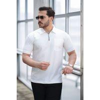 Yarım Fermuar Tek Cepli Erkek T-Shirt - Beyaz