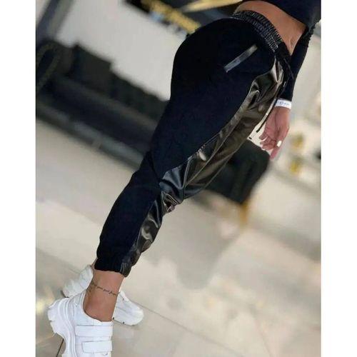 Kadın Yüksek Bel Lastikli Cepli Deri Detaylı Dalgıç Pantolon