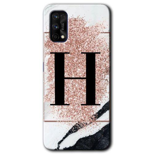 Realme 7 Pro Kılıf HD Desen Baskılı Arka Kapak + Temperli Cam - Pembe Mermer Desenli H Harfi