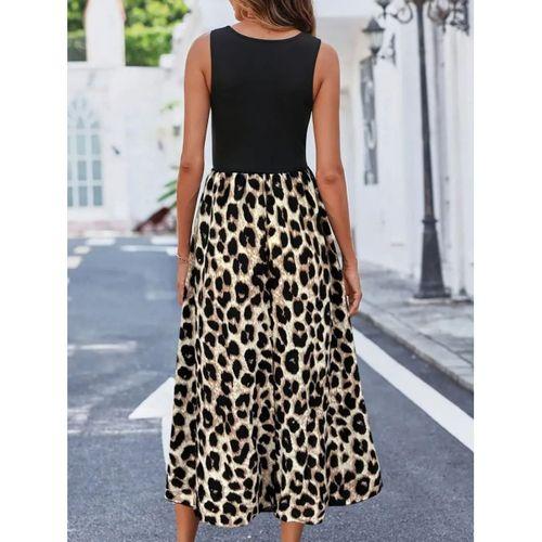 Kadın Askılı Yuvarlak Yaka üst Viskon Alt Leopar Desenli Süprem Uzun Elbise
