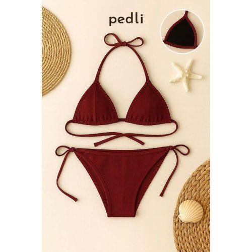Bordo Üçgen Bikini Takımı Yandan Ve Boyundan Bağlamalı Esnek Kumaş Kadın Mayo Seti