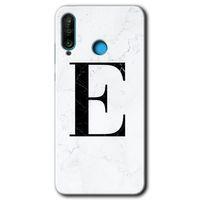 Huawei P30 Lite Kılıf Baskılı Kapak - Beyaz Mermer Desenli E Harfi +Tam Ekran Koruyucu