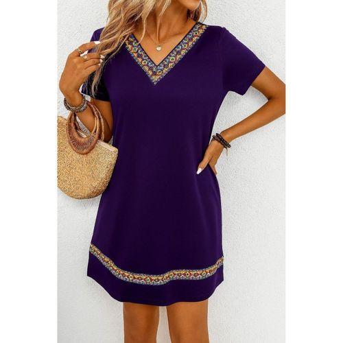 Kadın Kısa Kollu V Yakalı Etnik Desen şerit Detaylı Viskon Elbise