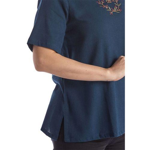 Şile Bezi Kısa Kol Petrol Nakışlı V Yaka Yazlık Otantik Bluz