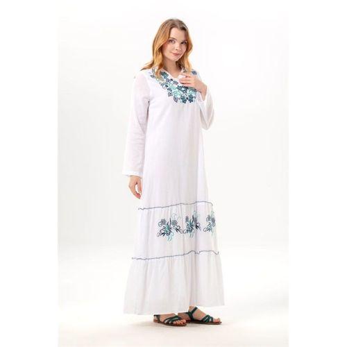 Uzun Kol Venedik Nakışlı Şile Bezi Otantik Uzun Elbise Beyaz Byz