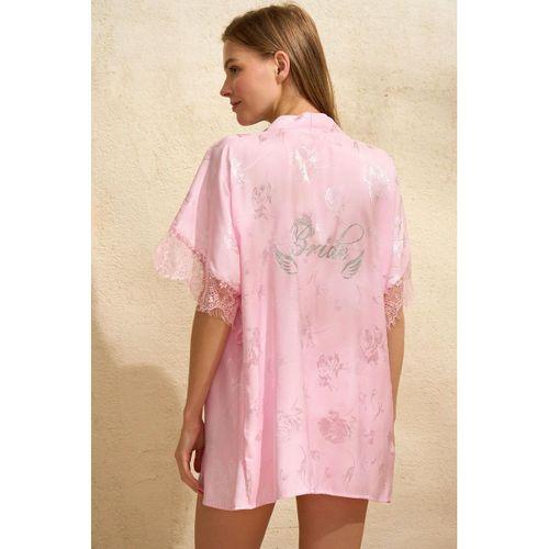 Saten Bride Baskılı Dantelli Sabahlık Balensiz Desteksiz Dolgusuz Bralet Sütyen Ve Şort 3'lü Takım