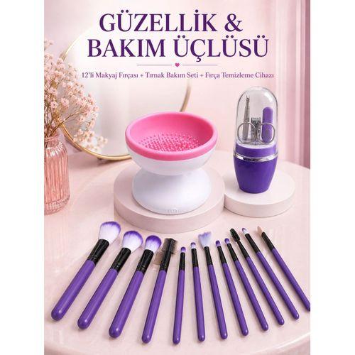Kadın Güzellik Seti 12 Parça Makyaj Fırçası Fırça Yıkama Temizleme Cihazı Manikür Pedikür Tırnak Bakım Seti