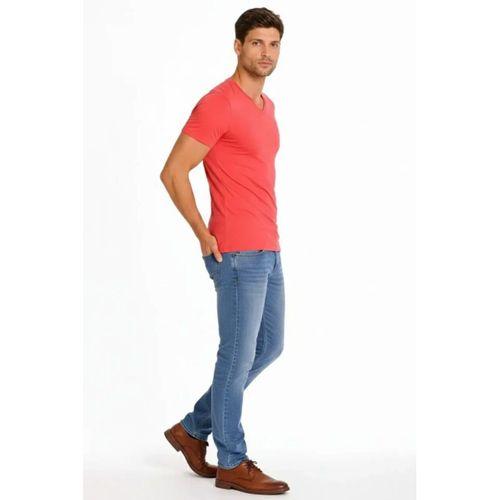 Erkek T-Shirt V Yaka Slim Fit Dar Kesim Likralı Tişört Günlük Basic Body - Nar Çiçeği