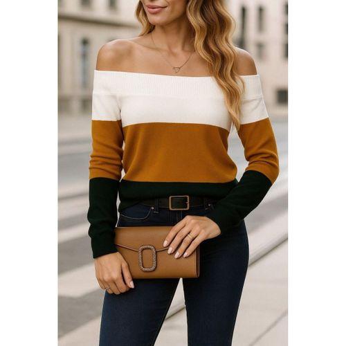 Kadın Uzun Kollu Omuzlardan Açık Uzun Kollu Blok çizgili Triko Bluz