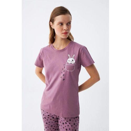 Kadın Mor Patili Tavşan Baskılı Cepli Pijama Takımı