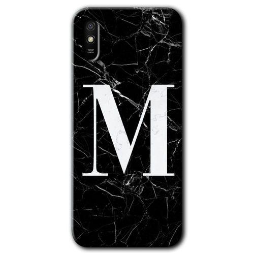 Xiaomi Redmi 9A Kılıf Baskılı Arka Kapak - Siyah Mermer Desenli M Harfi +Tam Ekran Koruyucu
