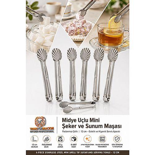 Midye Uçlu Mini Şeker ve Sunum Maşası 12 cm -Paslanmaz Çelik 6'lı Davet ve İkram Seti 723361