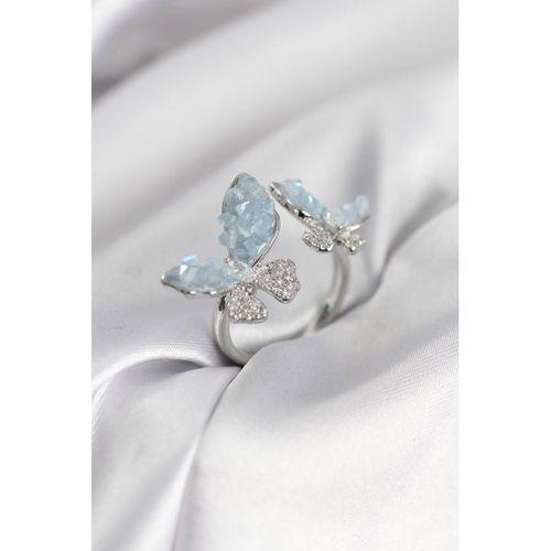 Gümüş Renk Mavi Kelebek Model Zirkon Taşlı Kadın Yüzük