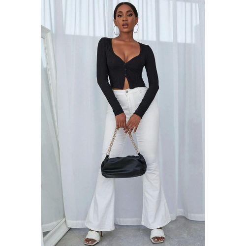 Kadın Siyah Uzun Kollu Düğme Detaylı Göğüs Ve Göbek Dekolteli Crop Top Bluz Premium Stil