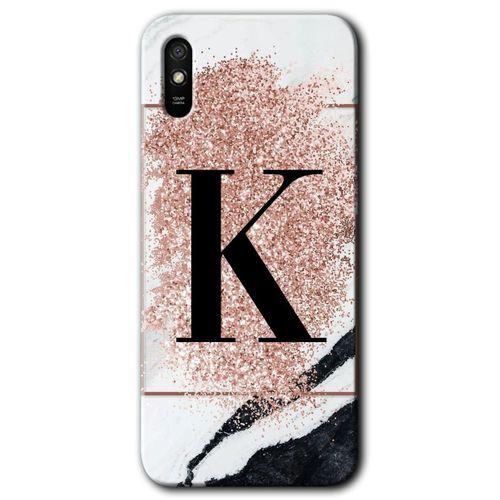 Redmi 9A Kılıf HD Desen Baskılı Arka Kapak - Pembe Mermer Desenli K Harfi + Kırılmaz Cam