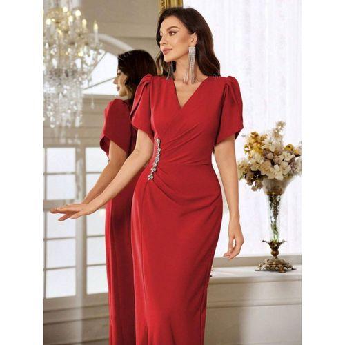 Kadın Kısa Kollu Kruvaze Yakalı Belden çiçek Aksesuarlı Yırtmaçlı Ithal Krep Elbise