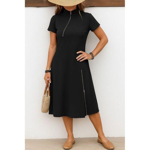 Kadın Kısa Kollu Yakadan Ve Etekten Fermuarlı Midi Viskon Iki Iplik Elbise