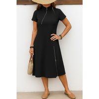 Kadın Kısa Kollu Yakadan Ve Etekten Fermuarlı Midi Viskon Iki Iplik Elbise