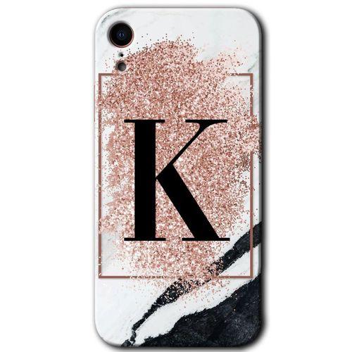 iPhone XR HD Baskılı Kılıf + 9D Tam Ekran Koruyucu - Pembe Mermer Desenli K Harfi