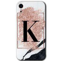 iPhone XR HD Baskılı Kılıf + 9D Tam Ekran Koruyucu - Pembe Mermer Desenli K Harfi