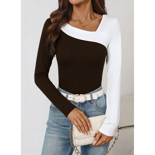 Kadın Uzun Kollu Geometrik Yaka Detaylı çift Renkli Viskon Bluz