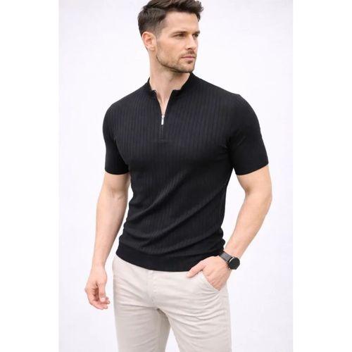 Erkek Kısa Kol Fitilli Triko T-Shirt Yazlık Hakim Yaka Tişört - Siyah