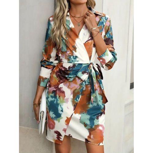 Kadın Uzun Kollu Yakalı Yandan Bağlamalı Mini Desenli Modal Elbise
