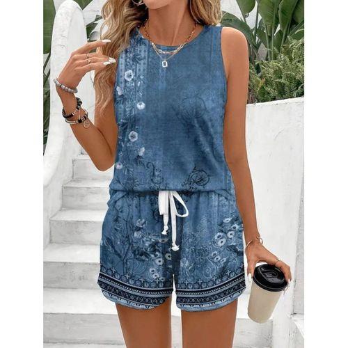 Kadın Askılı Yuvarlak Yaka çiçek Baskılı Süprme Bluz Ve Short Ikili Takım