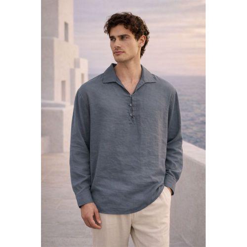 Baldwin Apaş Yaka Britli 3 Düğmeli İnce Modal Kumaş Oversize Uzun Kollu Yazlık Erkek Gömlek - Füme