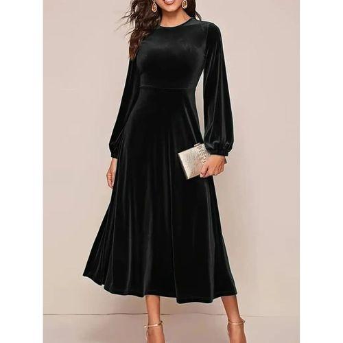 Kadın Uzun Kollu Bisiklet Yaka Midi Kadife Elbise