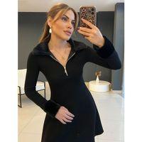 Kadın Uzun Kollu Kürk Yakalı Fermuarlı Kısa Viskon Iki Iplik Elbise