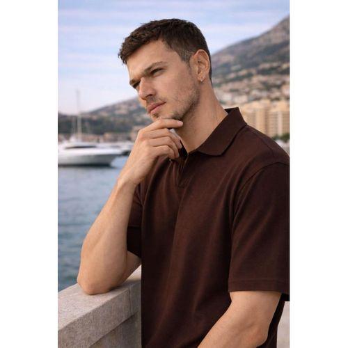 Leodes Waffle Kumaş Polo Yaka Relaxed Fit Düğmesiz Erkek T-Shirt - Kahve