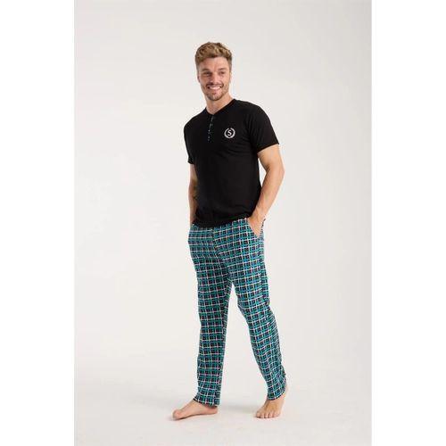 Erkek Düğmeli Yaka Siyah Kısa Kol Pijama Takımı