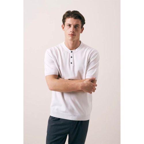 Dogen Hakim Yaka Düğmeli Kısa Kollu İnce Triko Erkek T-Shirt - Ekru