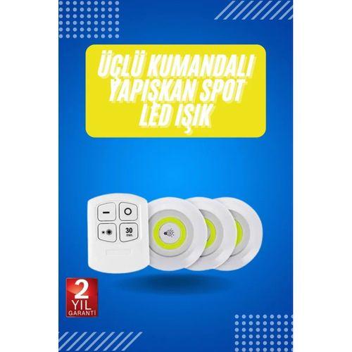 Yapışkanlı 3'lü Spot Led Işık Lamba Montajsız Pilli Uzaktan Kumandalı