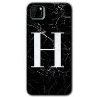 Huawei Y5P Kılıf HD Desen Baskılı Arka Kapak - Siyah Mermer Desenli H Harfi + Kırılmaz Cam