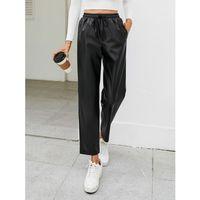 Kadın Yüksel Bel Bağcıklı Deri Pantolon