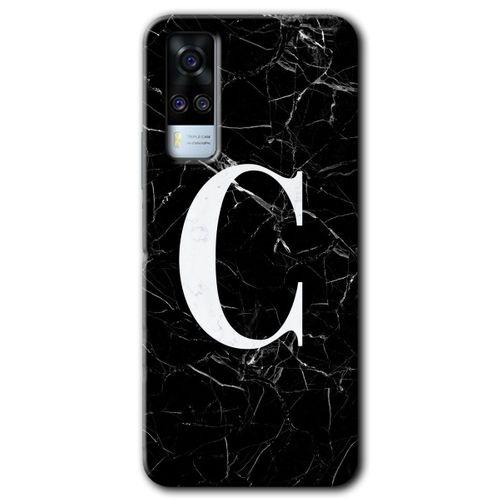 Vivo Y51a HD Baskılı Kılıf + 9D Tam Ekran Koruyucu - Siyah Mermer Desenli C Harfi