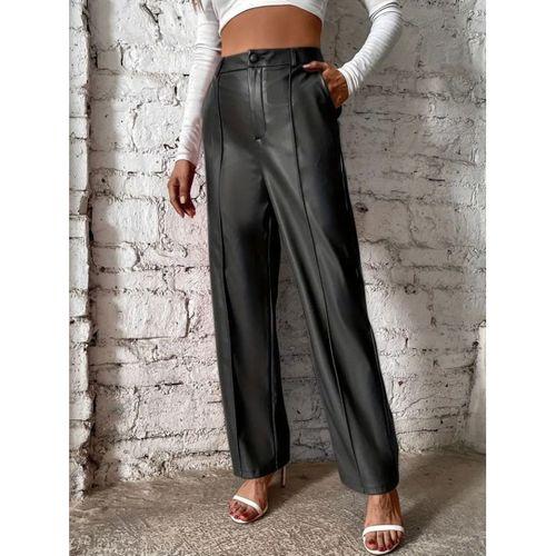 Kadın önden Fermuarlı Cepli Geniş Kesim Lame Deri Pantolon