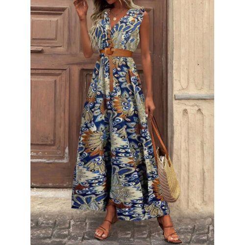 Kadın Askılı Kruvaze Yakalı Uzun Desenli Kemersiz Süprem Elbise