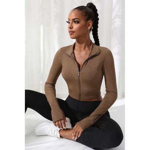 Kadın Kahverengi Uzun Kol Fermuarlı Parmak Geçme Detaylı Dik Yaka Crop Top Bluz