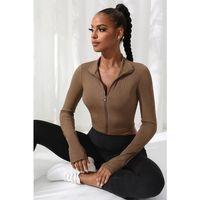 Kadın Kahverengi Uzun Kol Fermuarlı Parmak Geçme Detaylı Dik Yaka Crop Top Bluz