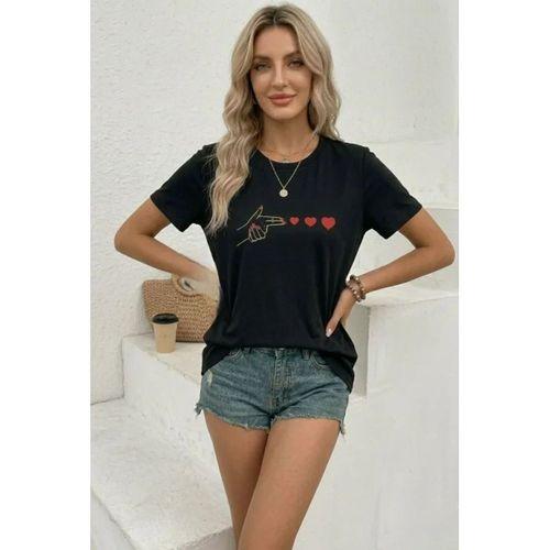 Minimal Kalp İşaret Baskılı Tişört Kısa Kol Yazlık T-Shirt - Siyah