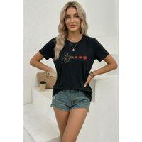 Minimal Kalp İşaret Baskılı Tişört Kısa Kol Yazlık T-Shirt - Siyah