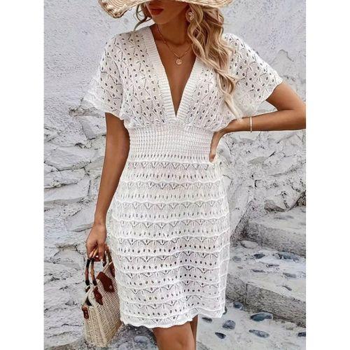 Kadın Kısa Kollu V Yakalı örme Triko Elbise