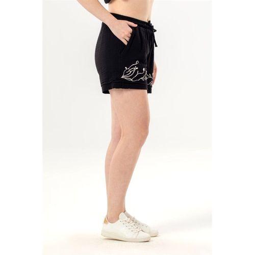 Beli Lastikli Cunda Çift Cepli Yazlık Nakışlı Müslin Mini Şort Siyah Syh
