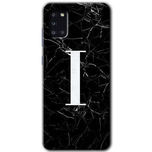 MRCİLETİSİM Samsung Galaxy A31 Kılıf HD Desen Baskılı Arka Kapak + Temperli Cam - Siyah Mermer Desenli I Harfi