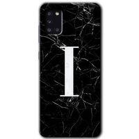 MRCİLETİSİM Samsung Galaxy A31 Kılıf HD Desen Baskılı Arka Kapak + Temperli Cam - Siyah Mermer Desenli I Harfi