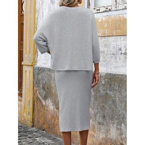 Kadın Uzun Kollu Yuvarlak Yakalı şardonlu Kaşkorse Bluz Ve Etek Ikili Takım