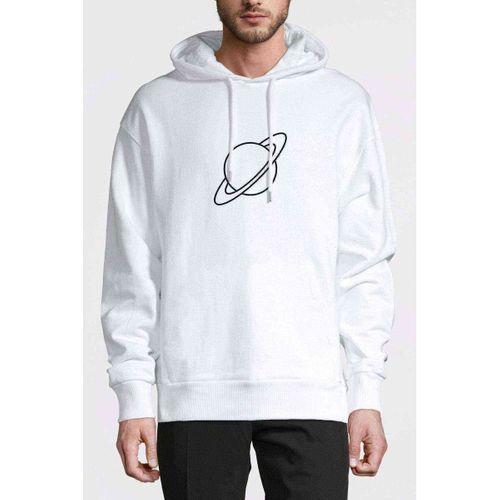 Satürn Logo Baskılı Beyaz Erkek Kapşonlu Sweatshirt